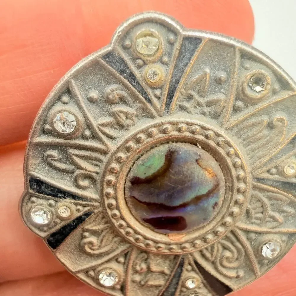 Vintage Signed Aztec Sun Pin Brooch Abalone Shell Rhinestone Silver Tone